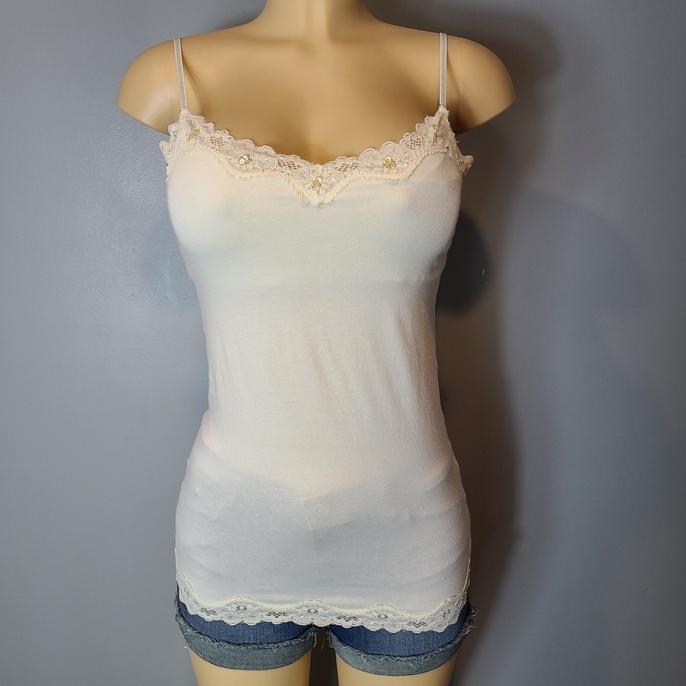 VTG Y2K Aeropostale Cami Top Cream Womens Lace Trim Sequin Elena Gilbert Sz M